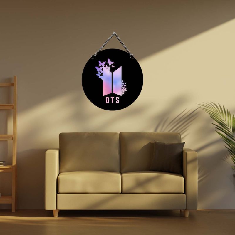 Wooden BTS Army Logo Wall Hanging with Butterfly Design K-Pop Themed Bedroom & Kids Room Decor BTS Fan Room Decoration Birthday or Party Gift